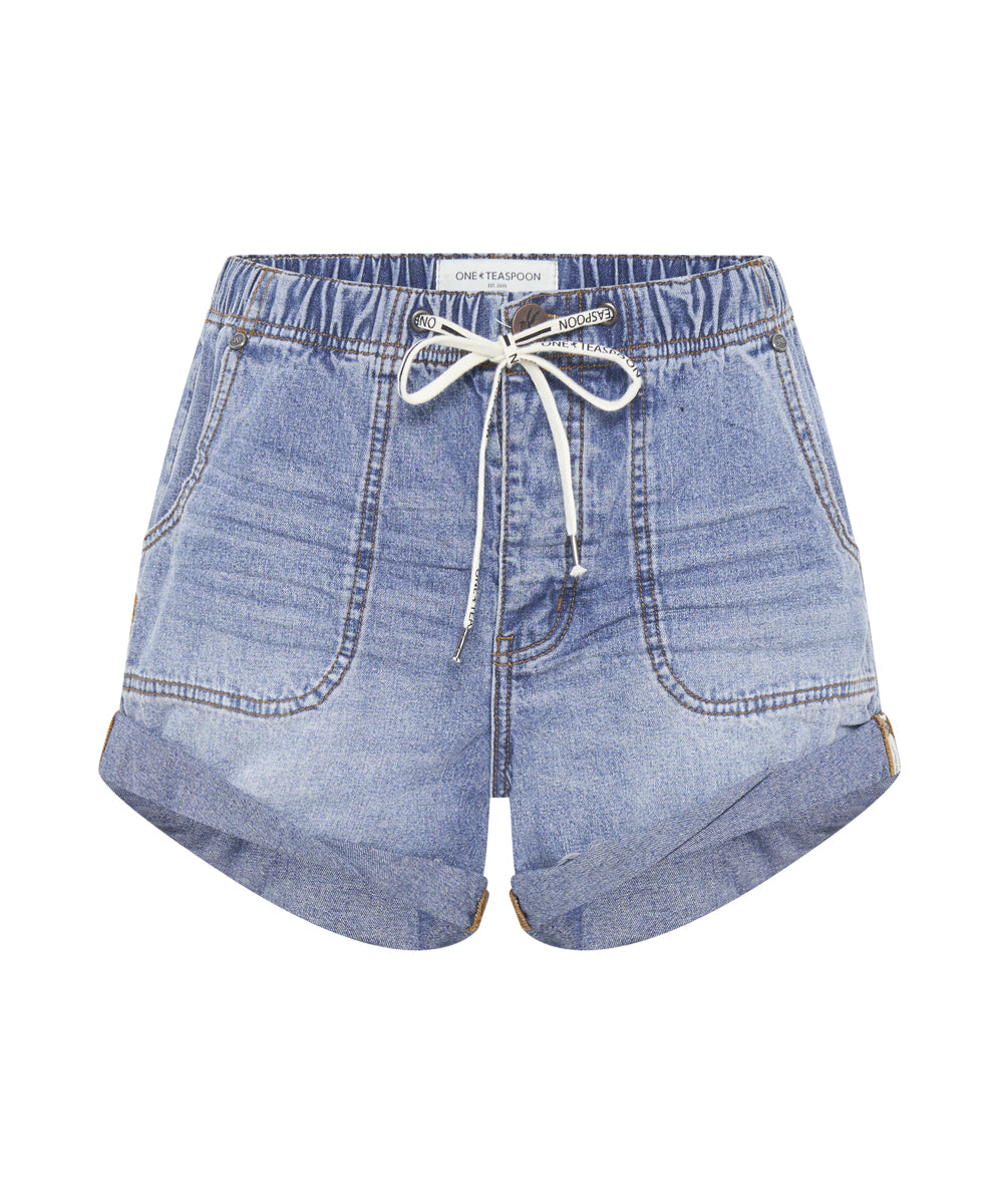 Shabby Bandits Low Waist Drawstring Denim Shorts | Blue Lilac