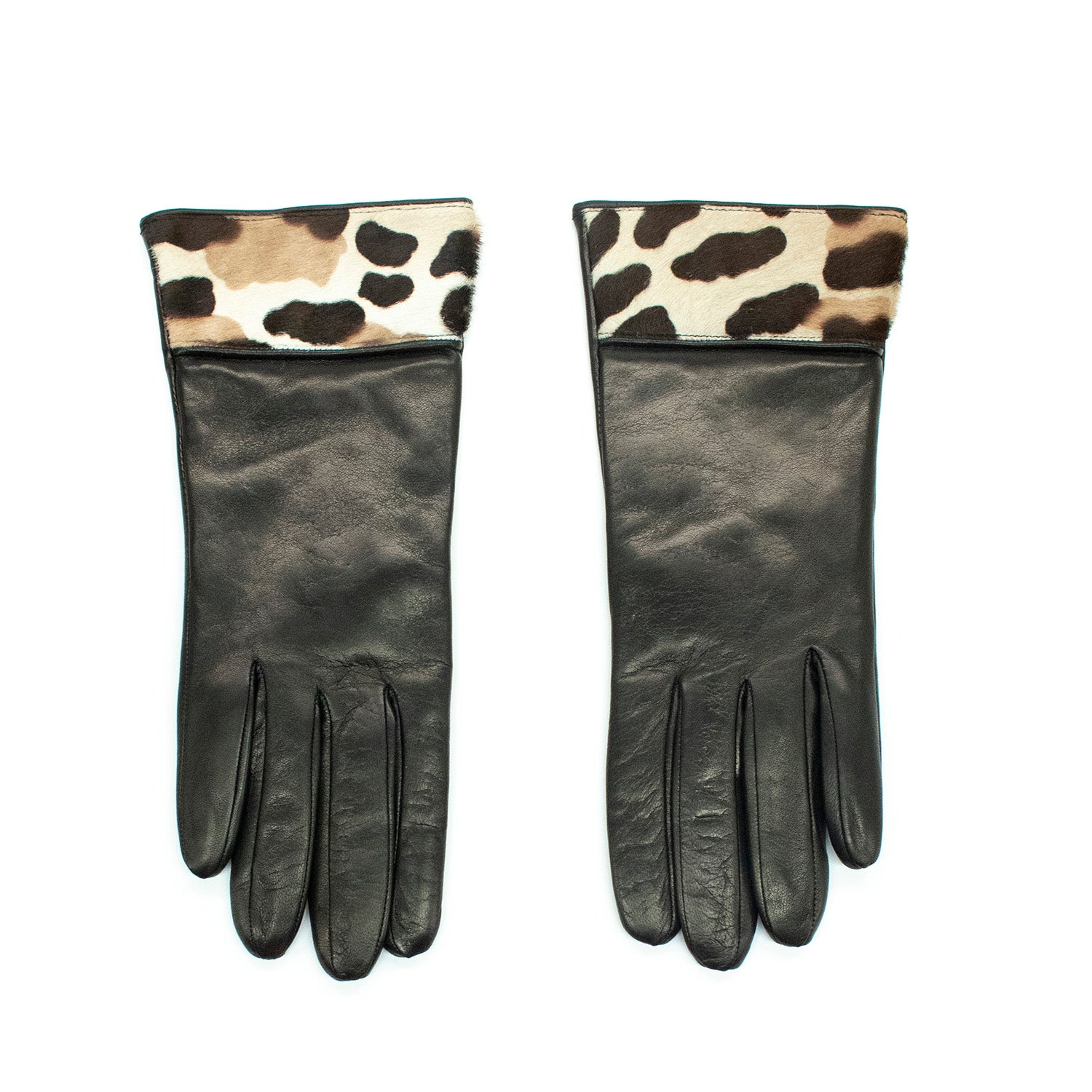 Womens | Leather Gloves with Haircalf On Cuff | Black/Leopard