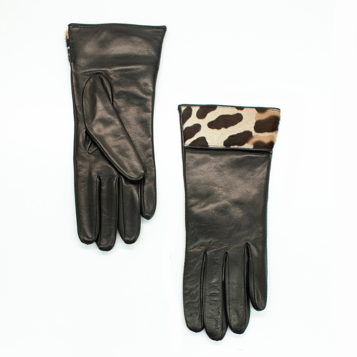 Womens | Leather Gloves with Haircalf On Cuff | Black/Leopard