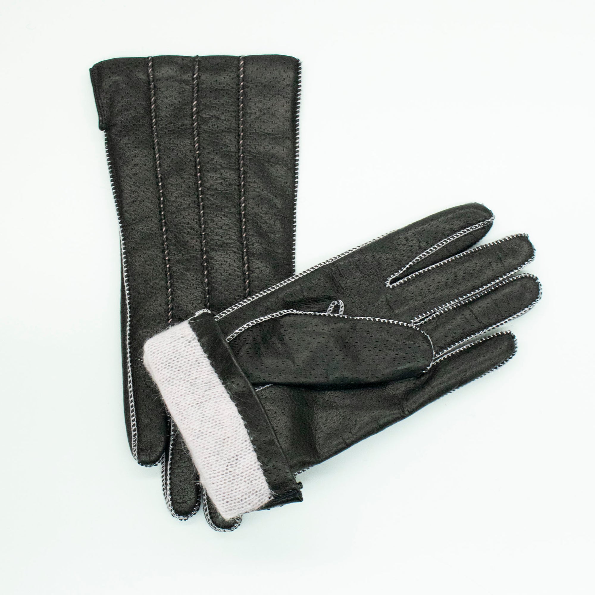 Womens | Leather Gloves with Contrast Color Stitch And Lining | Black/Barbie Pink