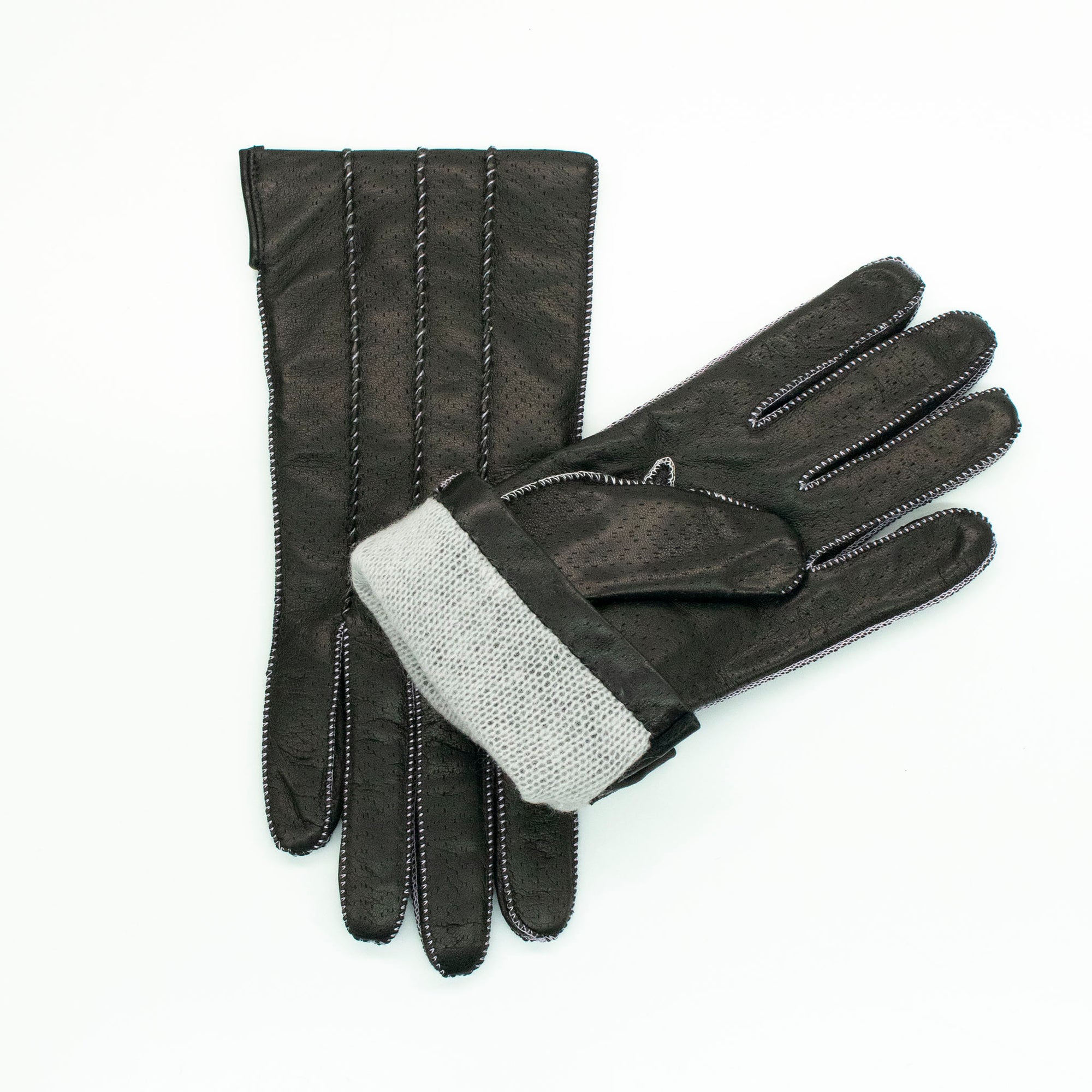 Womens | Leather Gloves with Contrast Color Stitch And Lining | Black/Silver