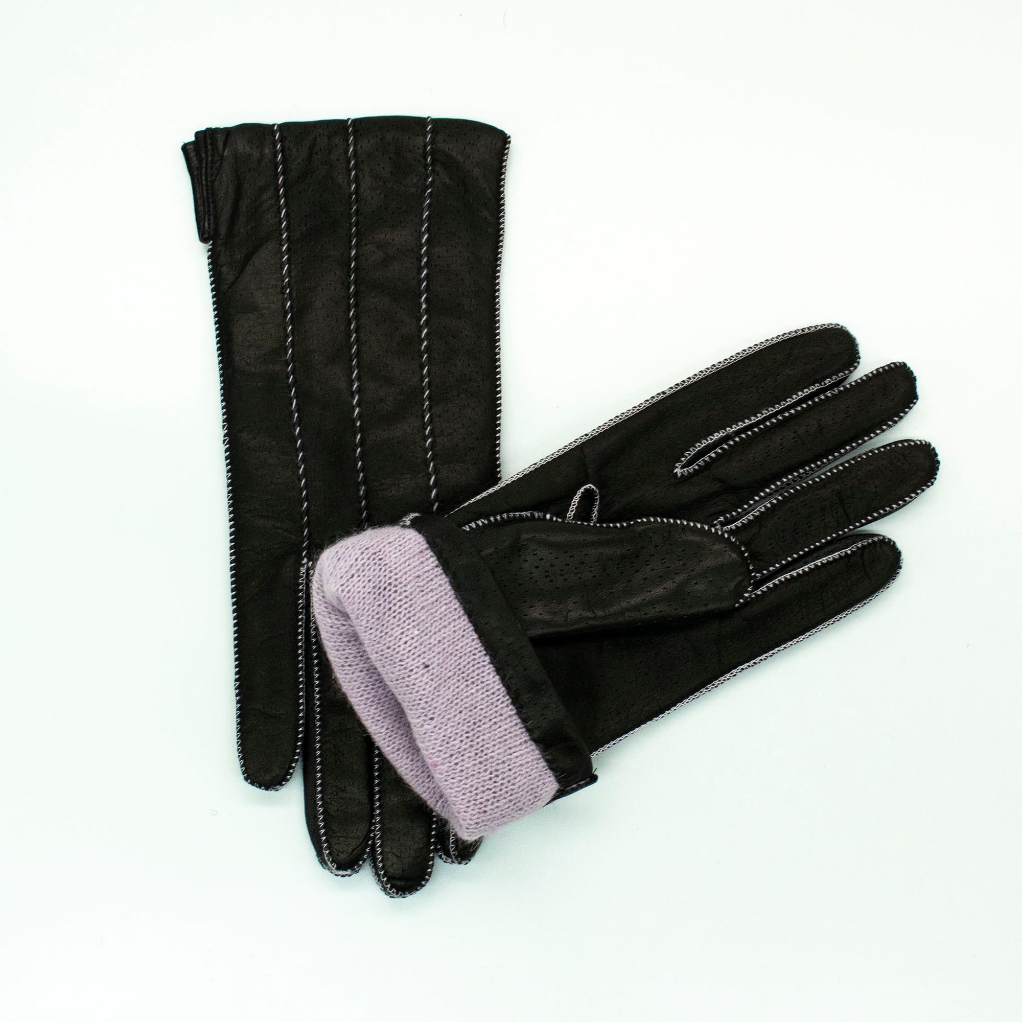 Womens | Leather Gloves with Contrast Color Stitch And Lining | Black/Wisteria