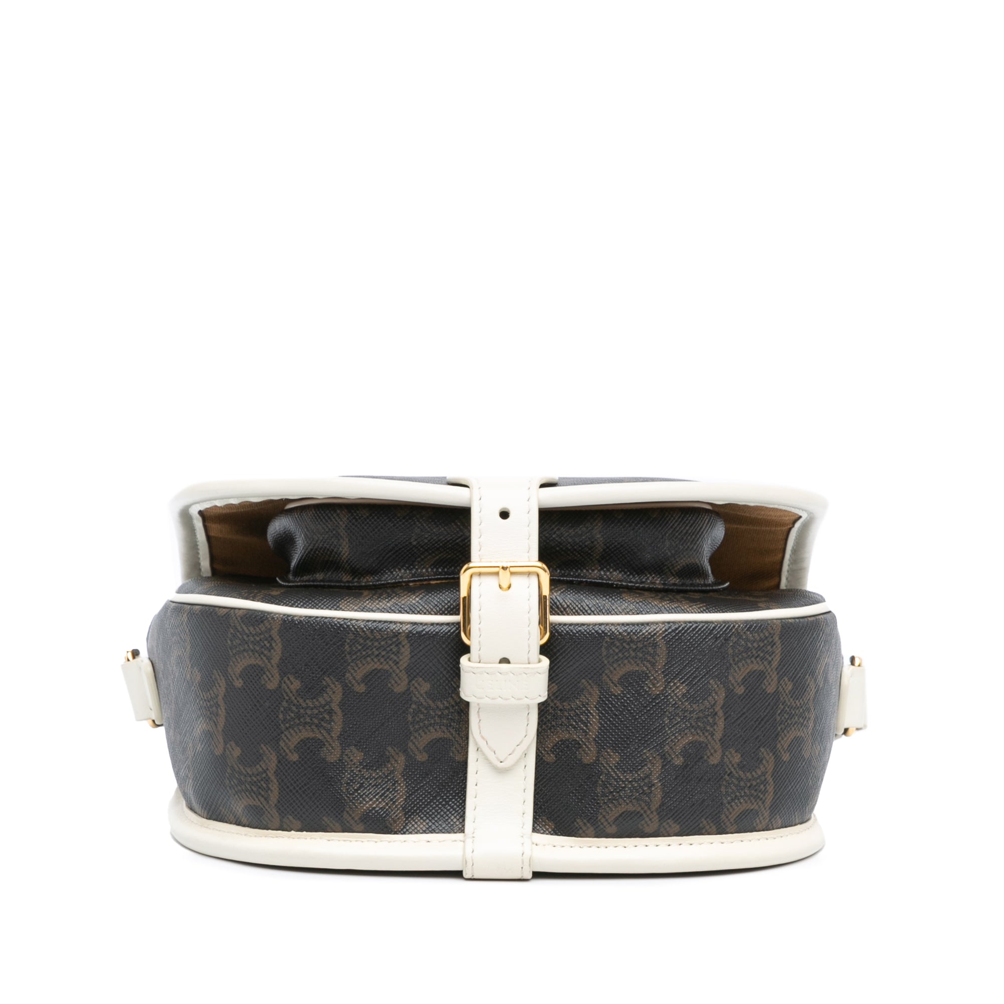 Celine | Pre-Owned Medium Triomphe Coated Canvas Folco Crossbody - I | White/Dark Brown