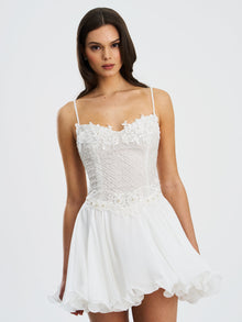 Fabiola Lace Trim Net Top Mini Flare Chiffon Dress | Silver
