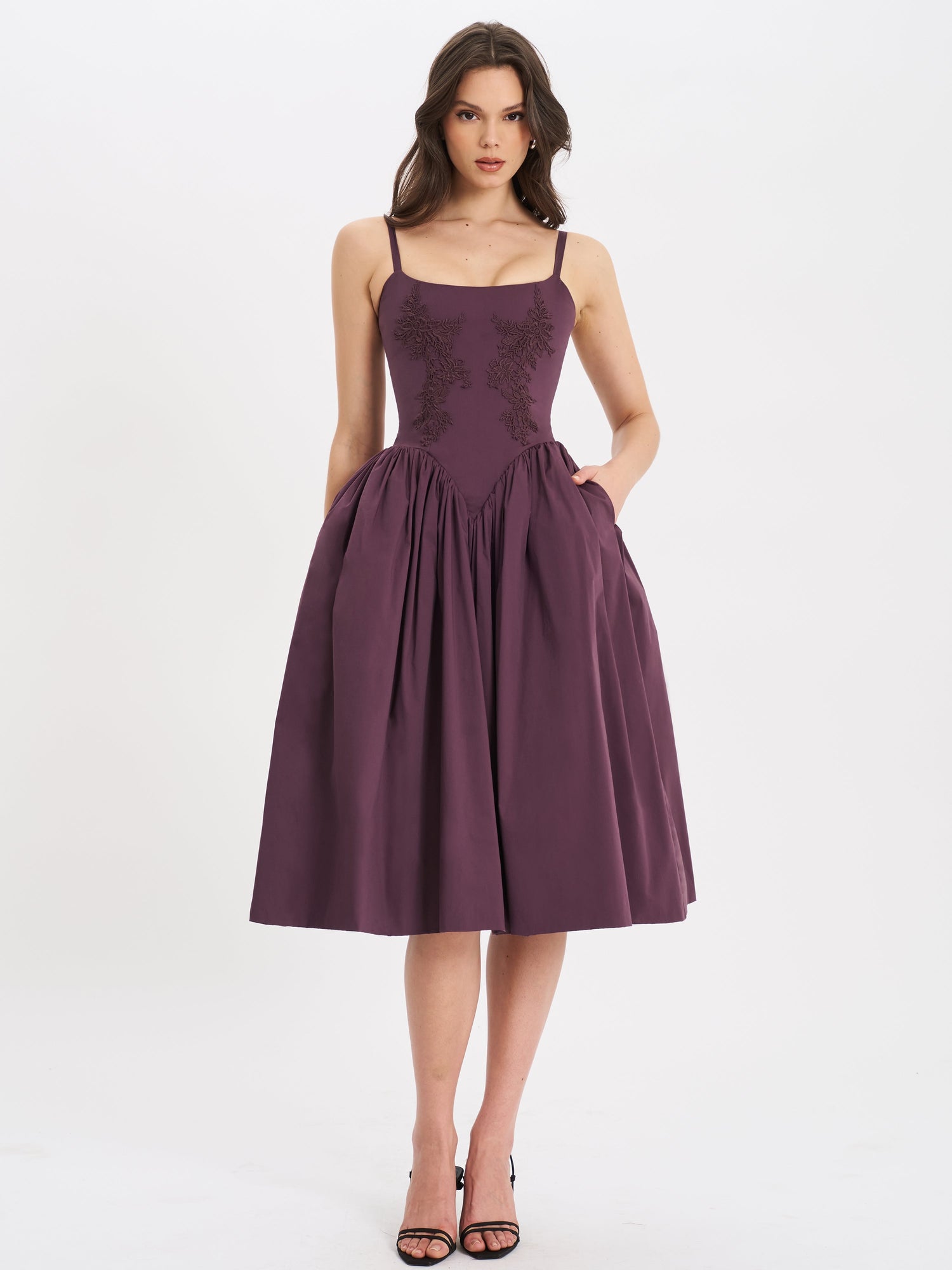 Oakleigh Blackberry Purple Cotton Lace-up Back Midi Dress | Black