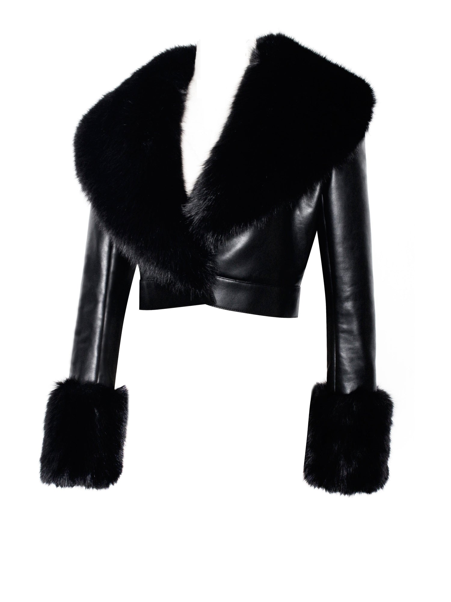 Ziah Cropped Leather Jacket with Fur Collar | Black