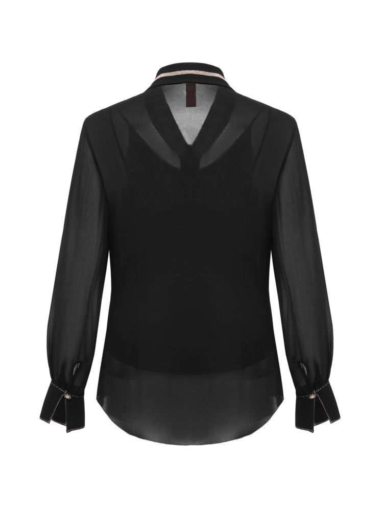 Silk Necktie-Style Scarf Shirt | Black