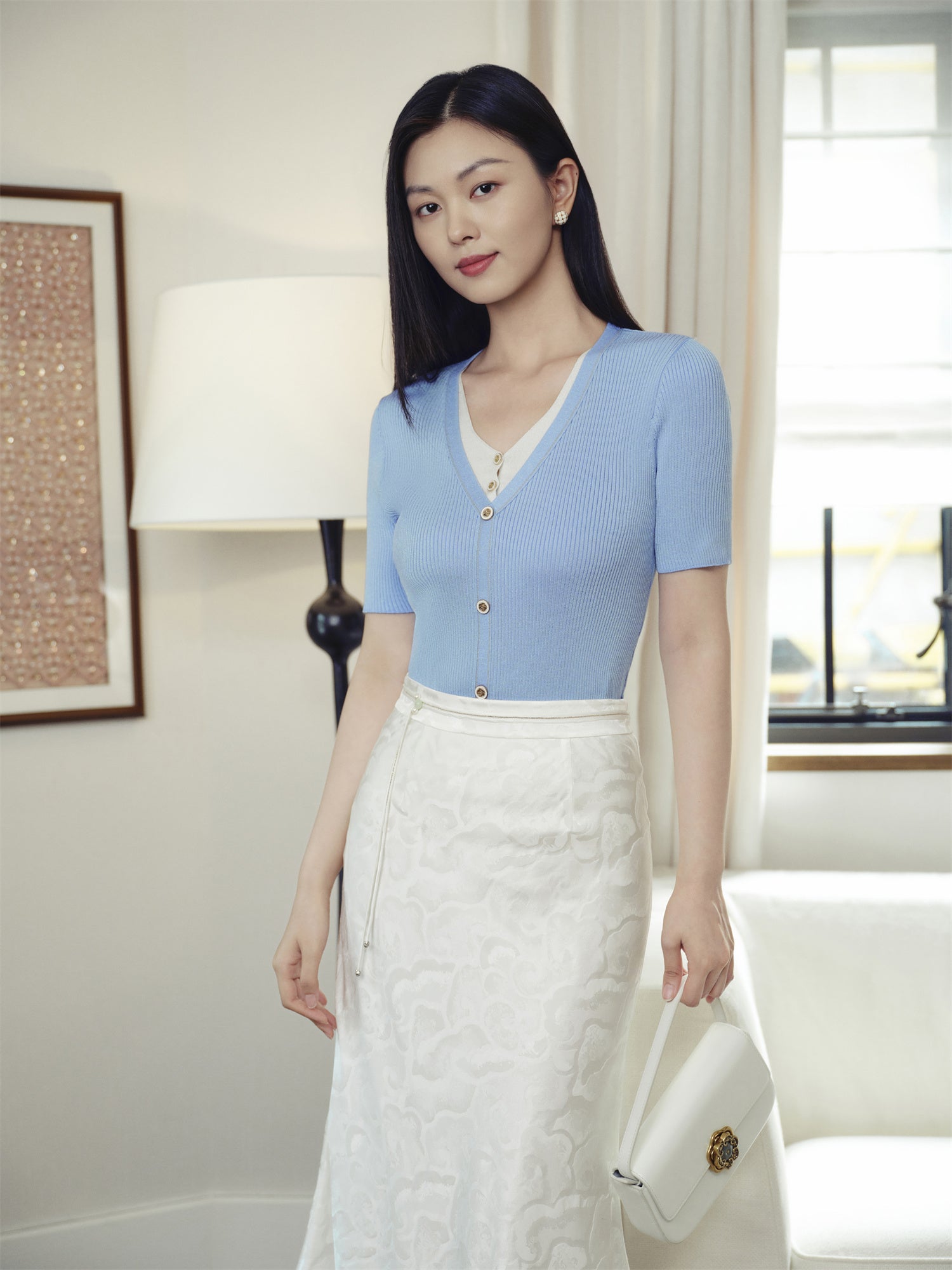 Silk and Acetate V-Neck Color-Blocked Design Dress | Blue