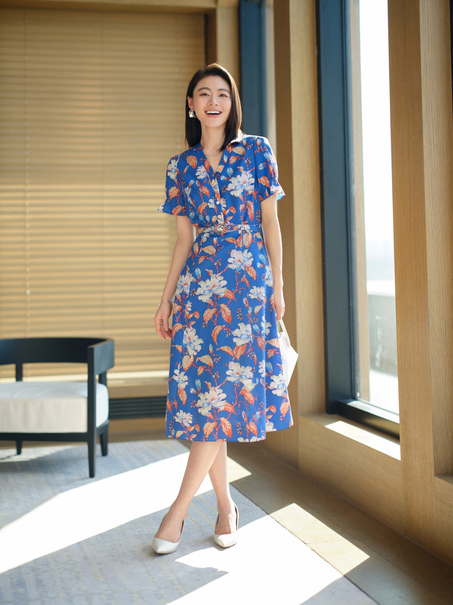 Printed Waist-fitted Dress | Blue