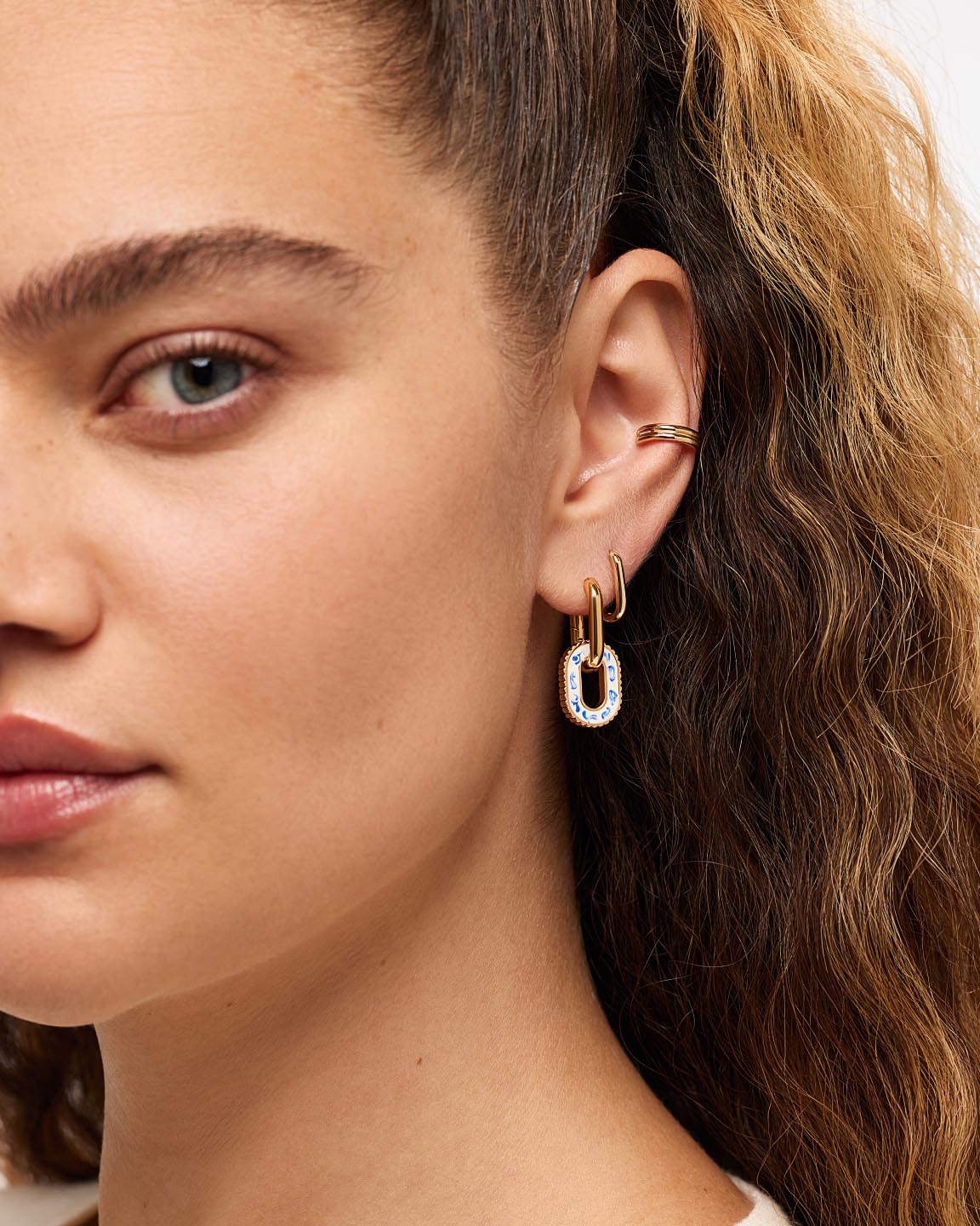 Ash Double Hoop Earrings | 14K Gold on Brass | Marble Blue Enamel