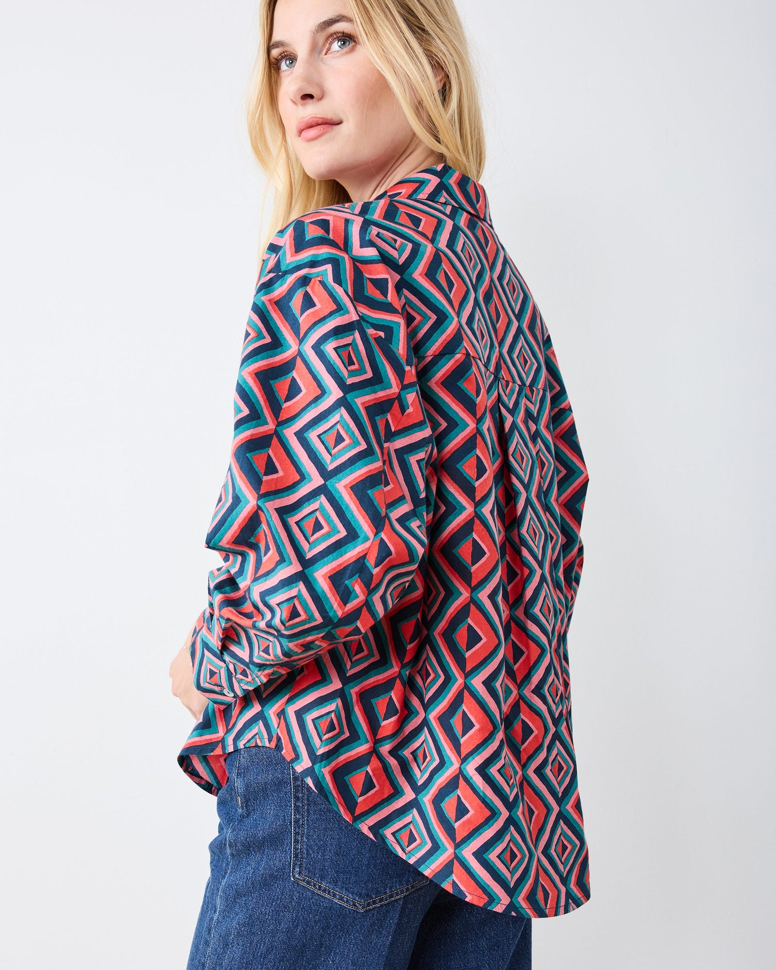 Kaleidoscope Diamond - Cleo Button Down - Navy/Red - Printfresh