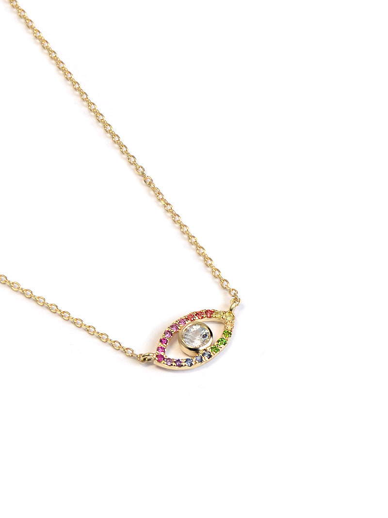 Classique Pave Evil Eye Necklace | Multicolor Sapphire/White Topaz | 14K Yellow Gold