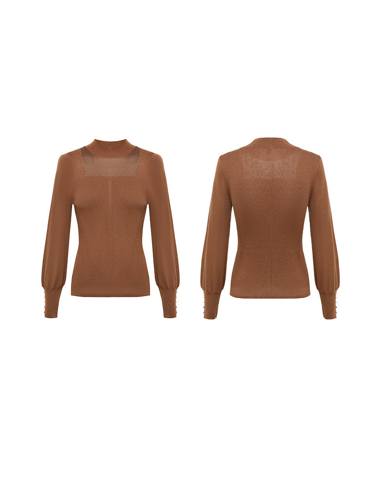 Wool Sheer Tulle Mock Neck Sweater | Brown