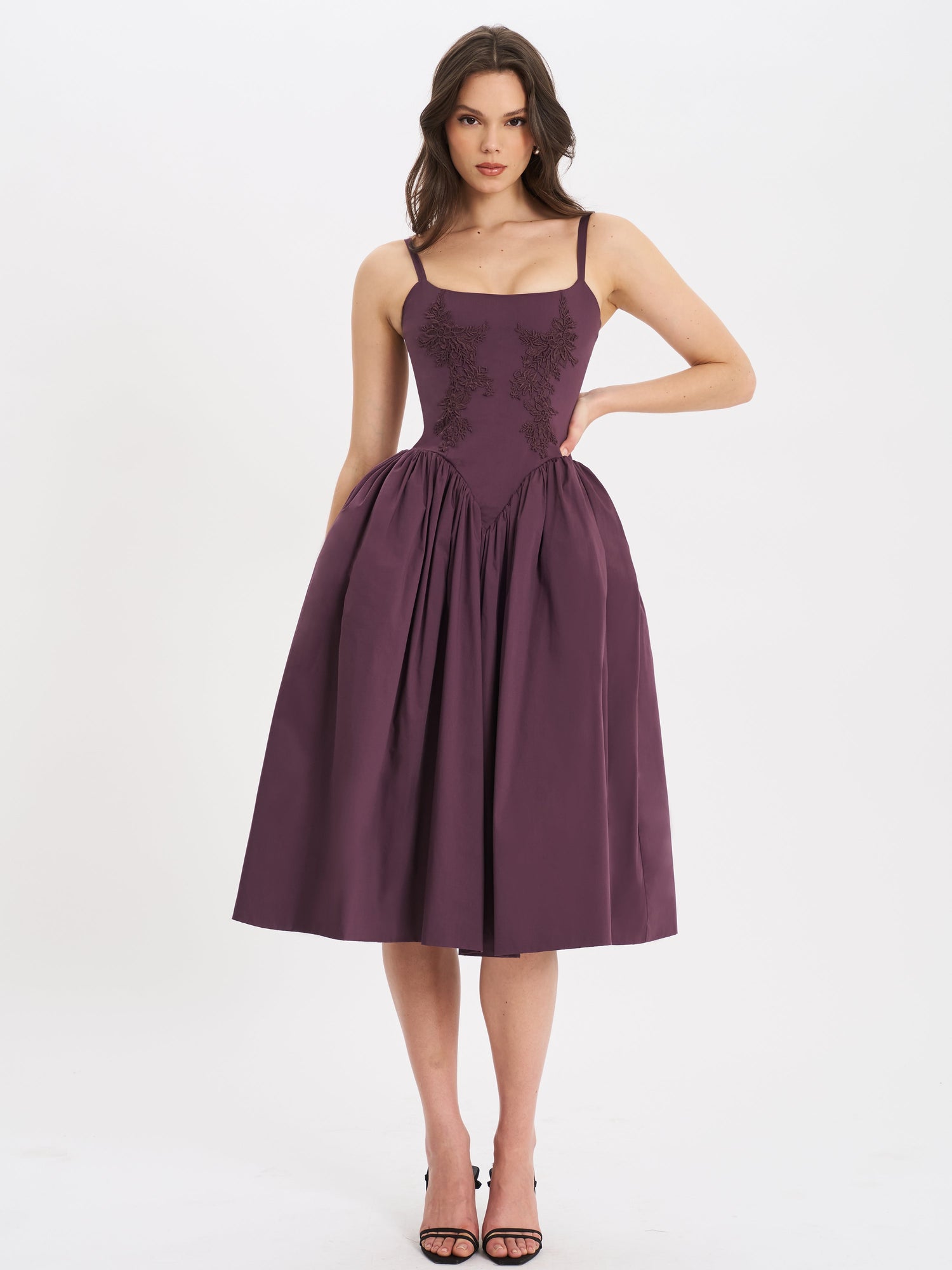 Oakleigh Blackberry Purple Cotton Lace-up Back Midi Dress | Black