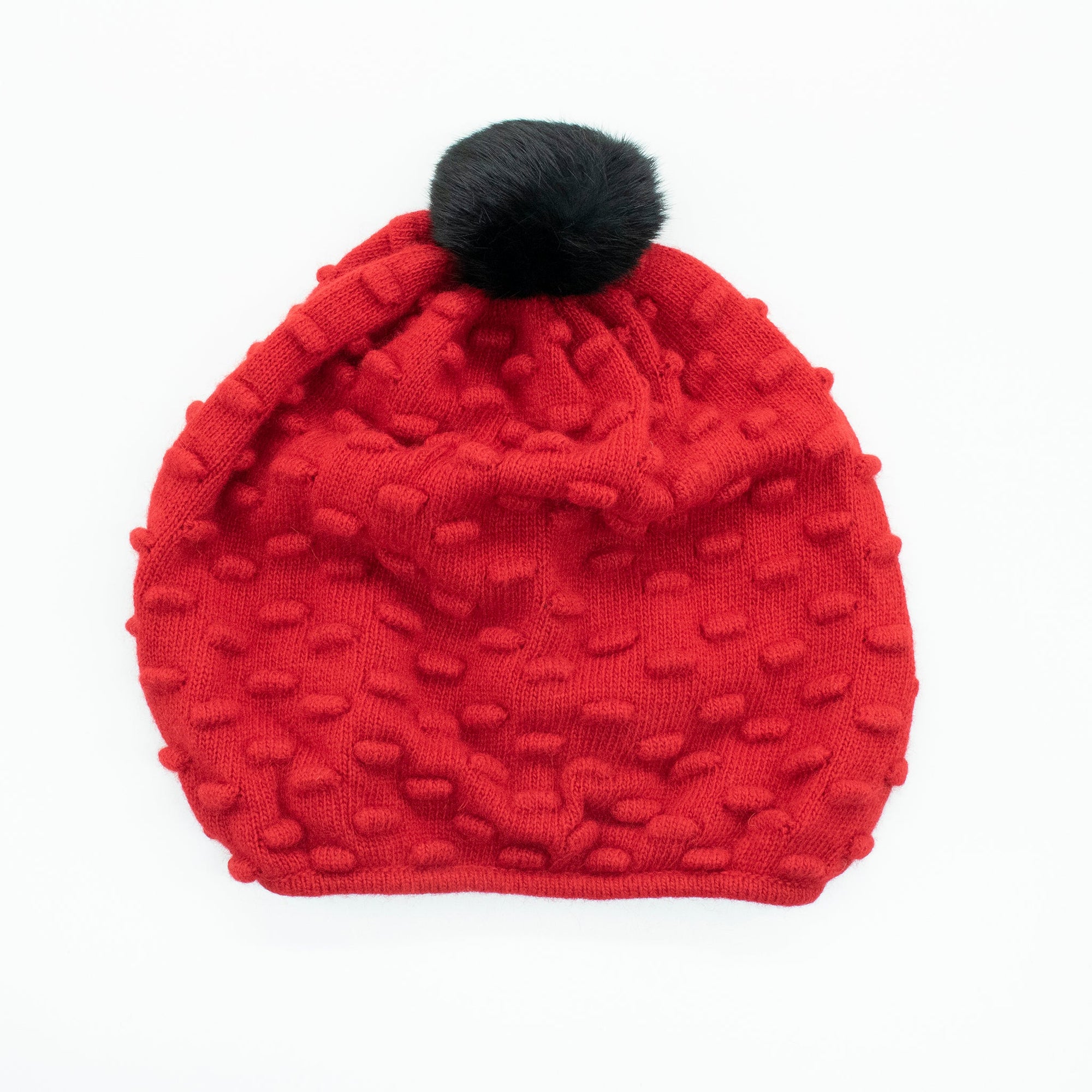 Hat In Popcorn Stitch And Fur Pom | Cherry Red