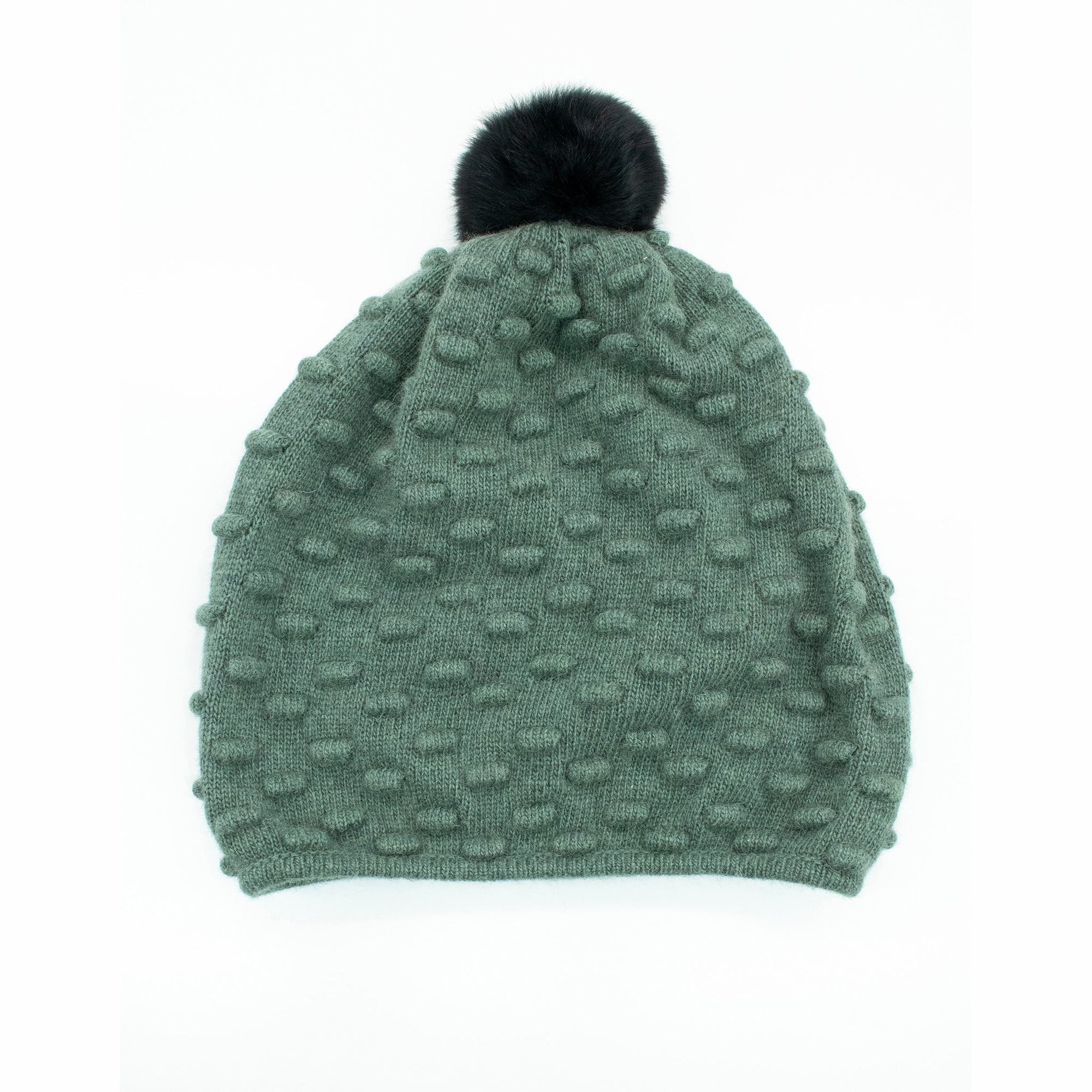 Hat In Popcorn Stitch And Fur Pom | Military Green