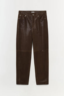 Dark brown leather pants with five-pocket styling, metal button closure, and straight legs with visible seaming.