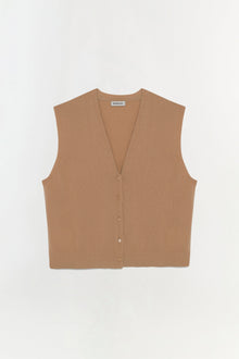 Camel-colored sleeveless vest with V-neckline and front button closure.