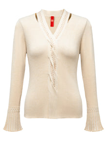 Wool Fit Long-Sleeves V-Neck Sweater Top | Beige