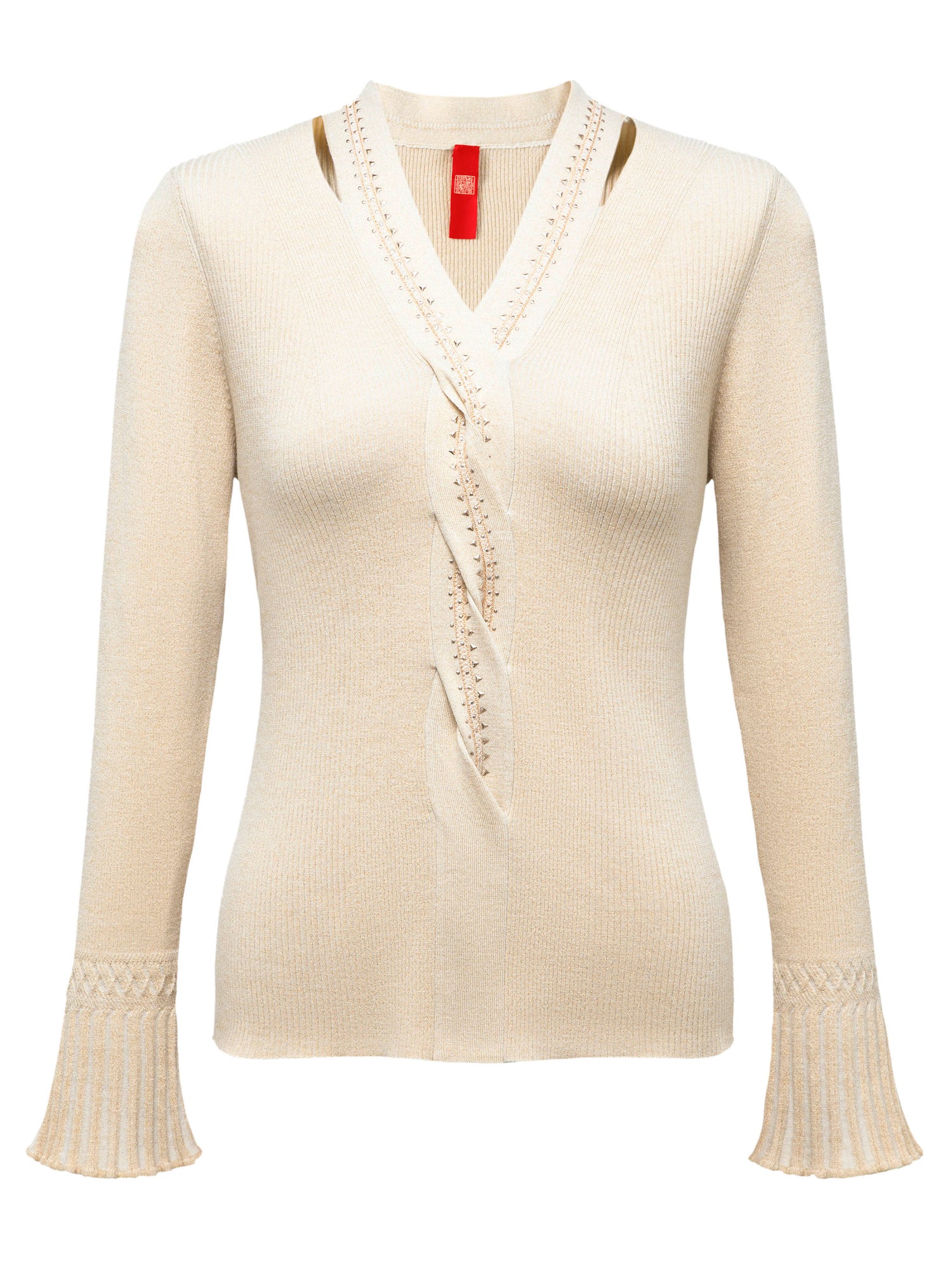Wool Fit Long-Sleeves V-Neck Sweater Top | Beige