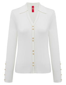 Button V-Neck Ribbed Knit Top | White