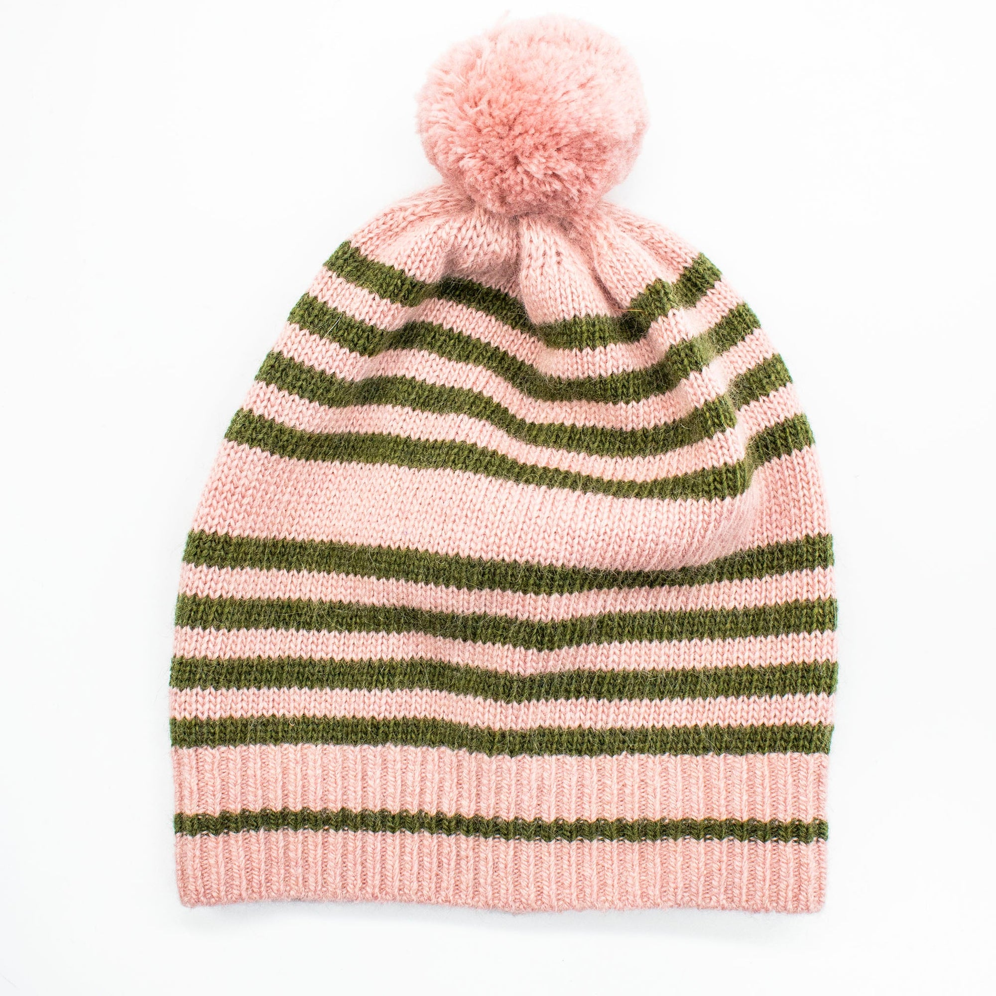 Kids Striped Slouchy Hat With Pom | Pink/Loden