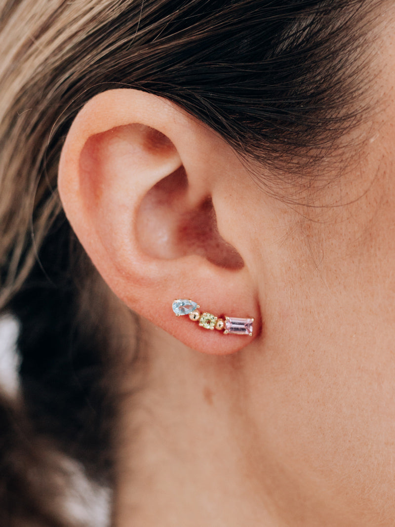 Melia Geometric Rainbow Ear Crawler | Pink Sapphire/Swiss Blue Topaz/Peridot | 14K Yellow Gold