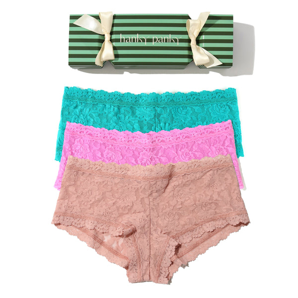 3-Pack Signature Lace Boyshort Holiday Cracker | Desert Rose - Vibrant Turquoise - Drifting Horizon Pink (Green/Green Stripe Cracker)