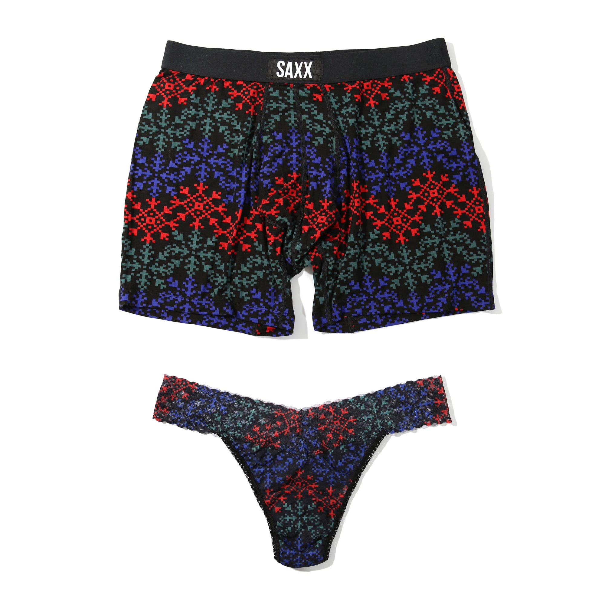 Signature Lace Original Rise Thong & Saxx Boxer Brief | Snow Flake Chevron (Black)