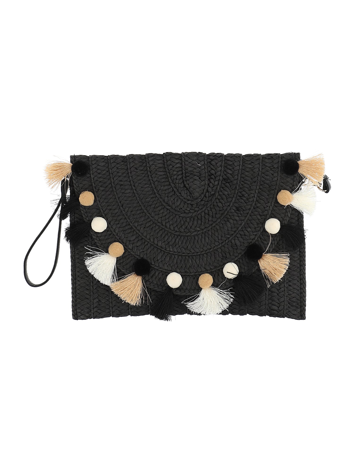 Girls | Straw Clutch Bag With Tassels | Black