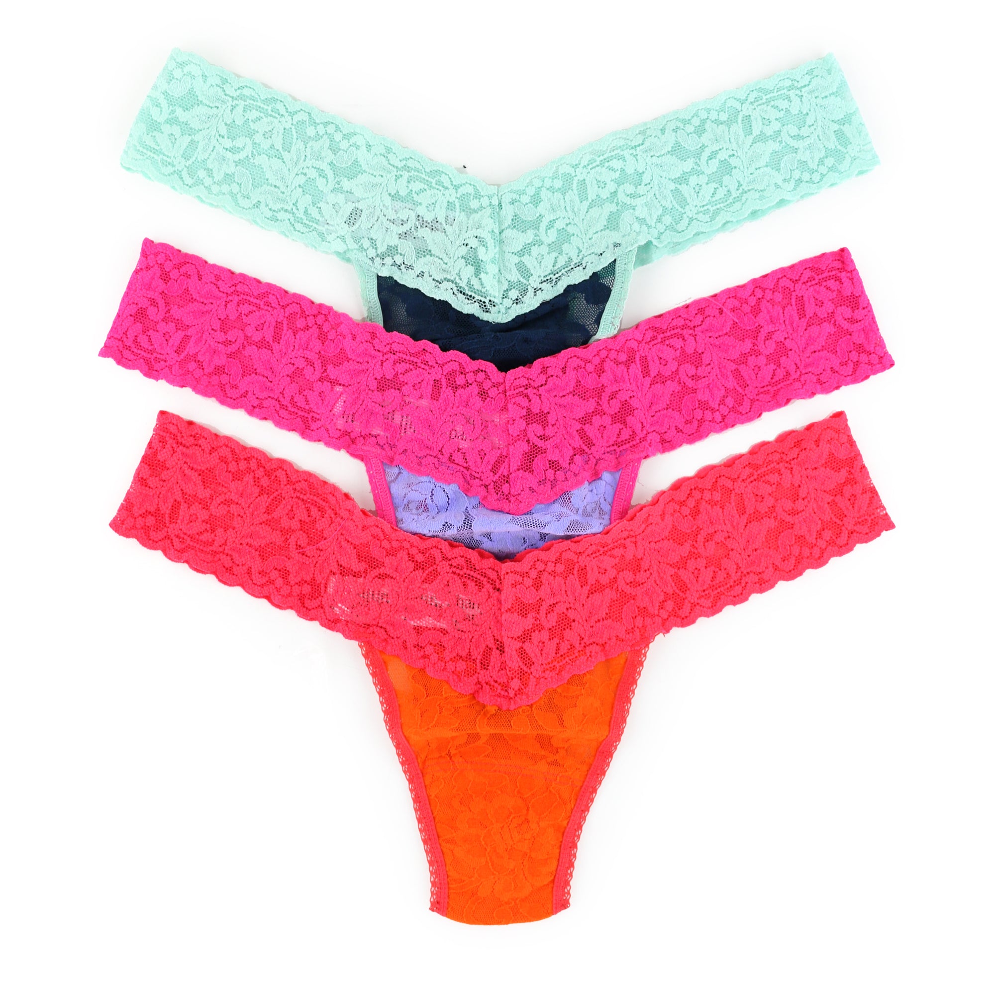 3-Pack Signature Lace Low Rise Thongs | Orange Sparkle/Coral Gables, Nori Blue/Pist, Hyac/Flpk