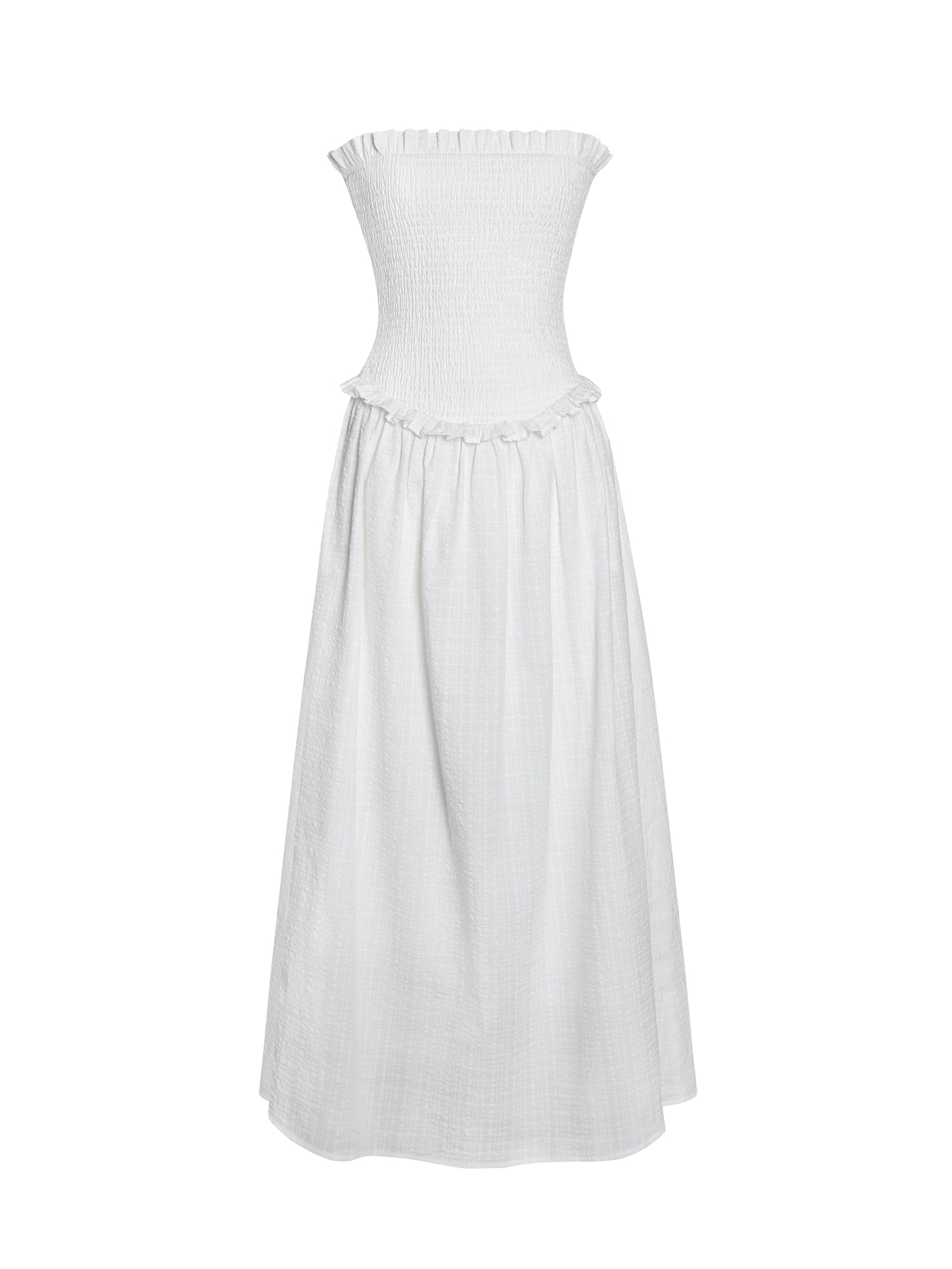 Quadiya Cotton Seersucker Smocked Strapless Midi Dress | White