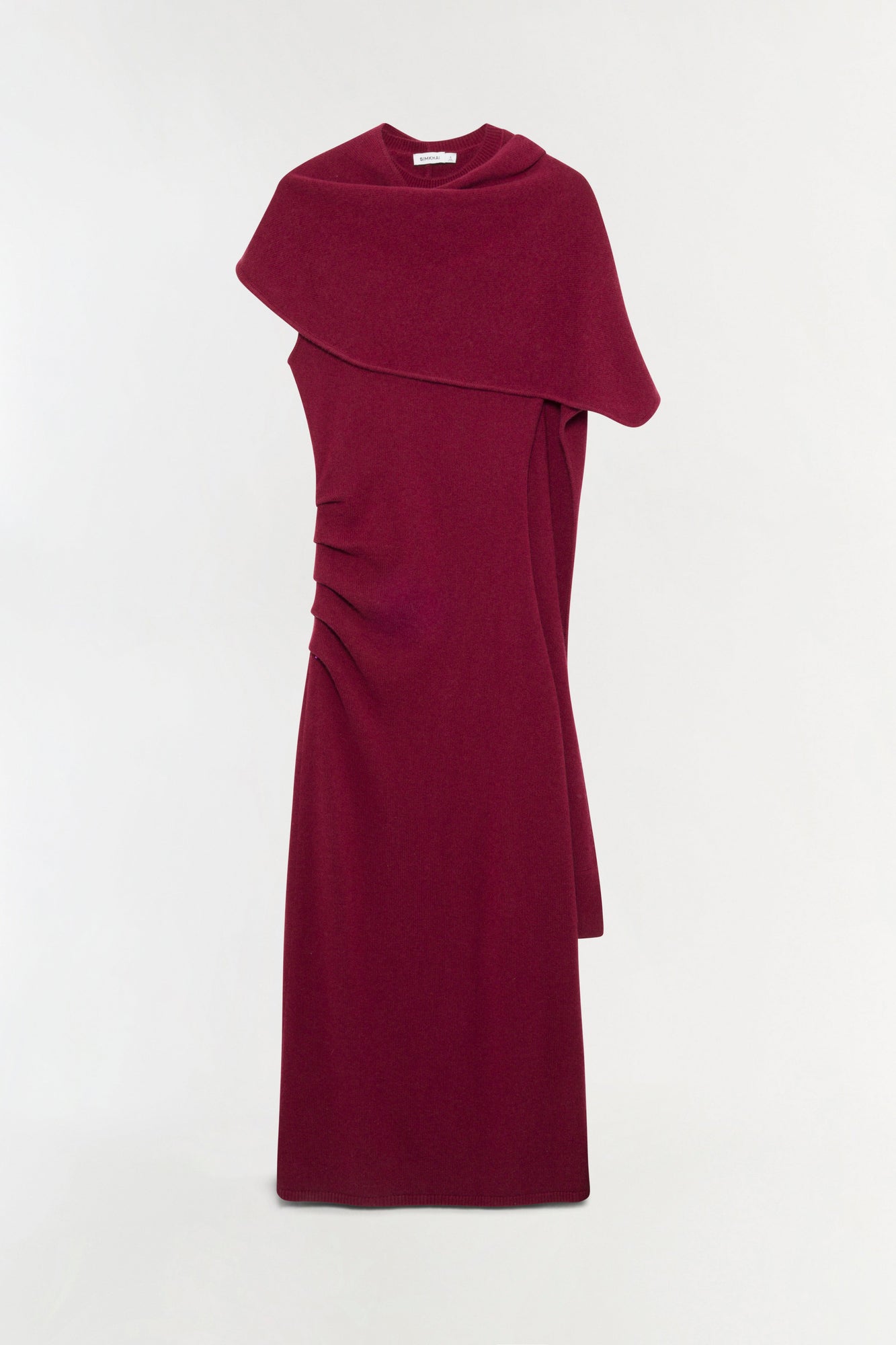 Burgundy wool cashmere midi dress with draped cowl neckline and ruched side detailing.