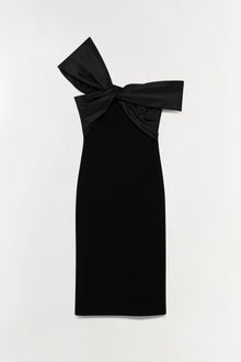 Black off-shoulder midi dress with tied bow detail at neckline.