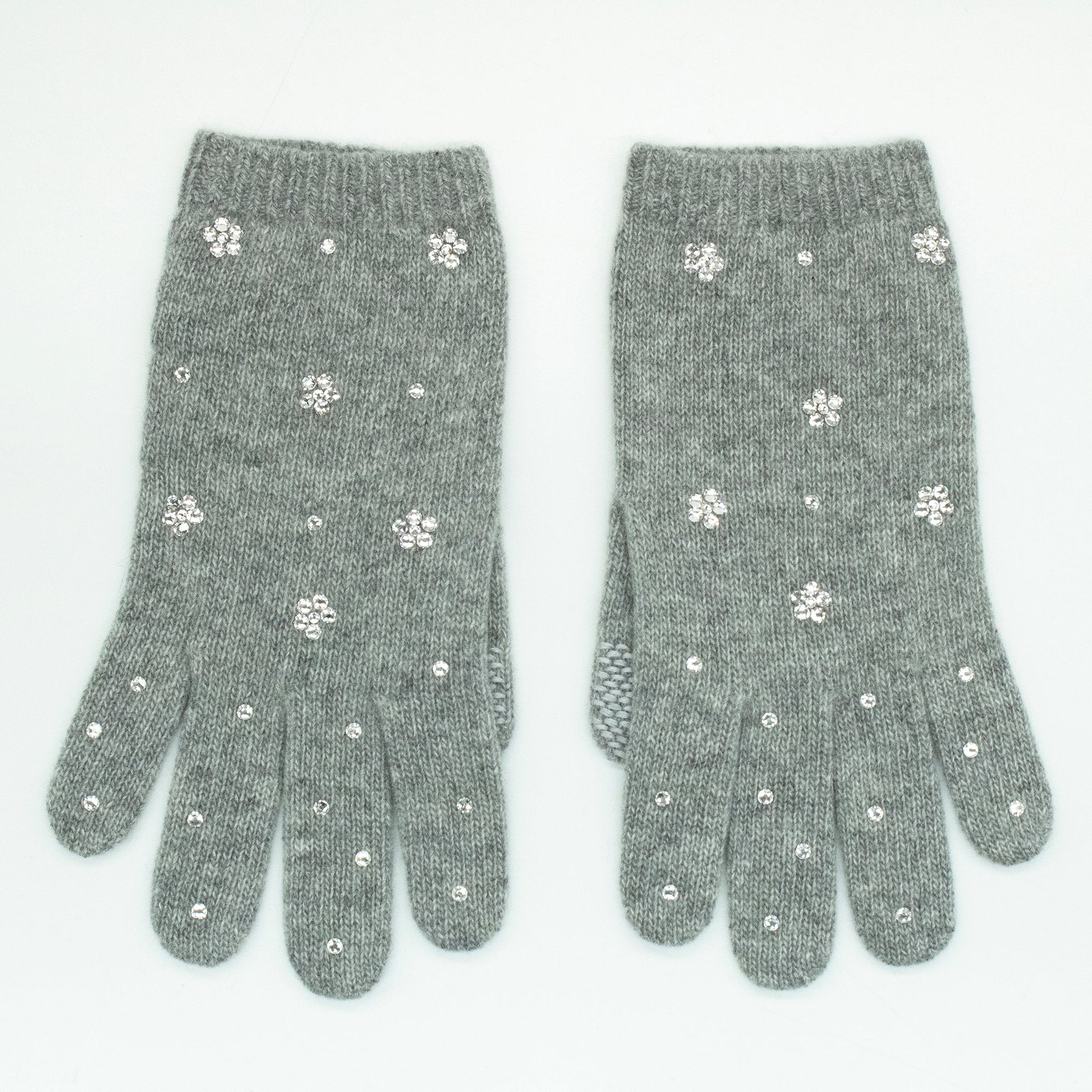 Tech Cashmere Gloves With Flowers Stones | Light Grey