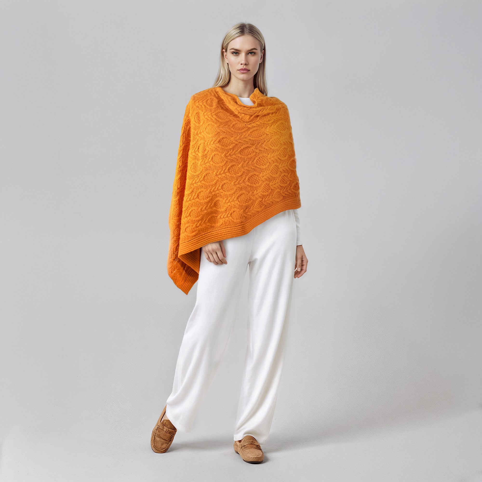 Womens | Cowlneck Poncho In Cable Design | Pumpkin