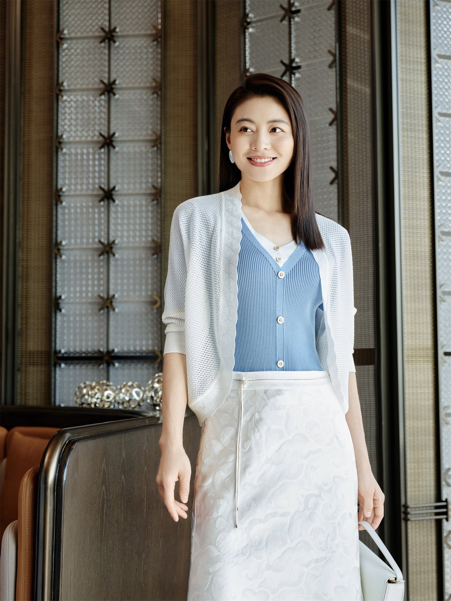 Silk and Acetate V-Neck Color-Blocked Design Dress | Blue
