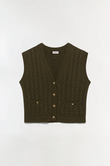 Olive-green cashmere vest with cable knit pattern and gold button front closure.