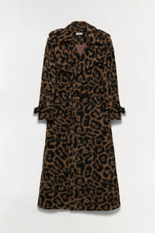 Leopard print wool overcoat with notch collar, button front, and adjustable cuffed sleeves in tan and black.