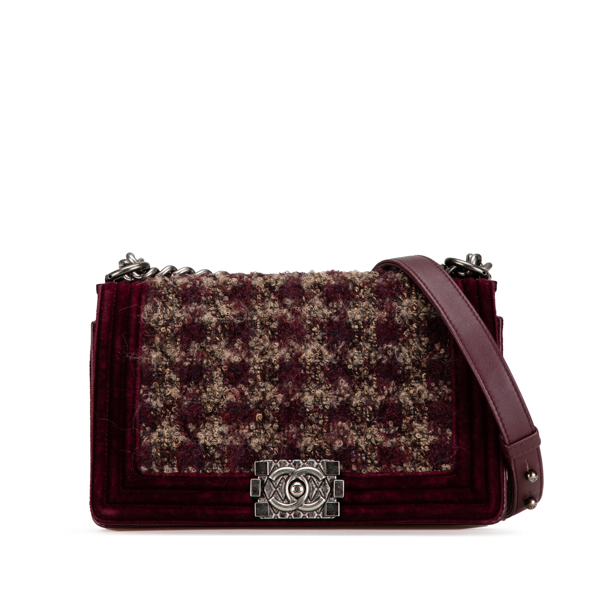 Chanel | Pre-Owned Old Medium Velvet and Tweed Boy Flap - II | Red/Burgundy