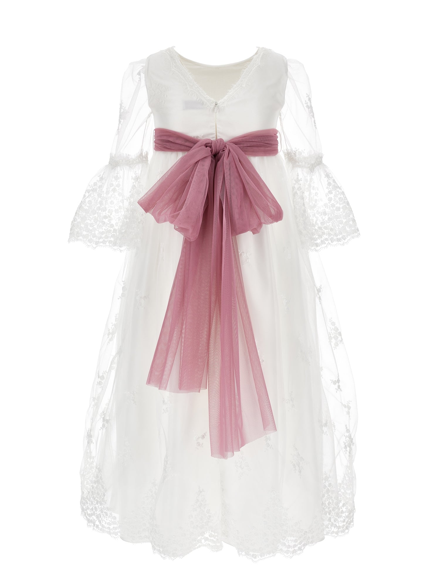 Girls | Long Embroidered Tulle Lace Dress | Cream