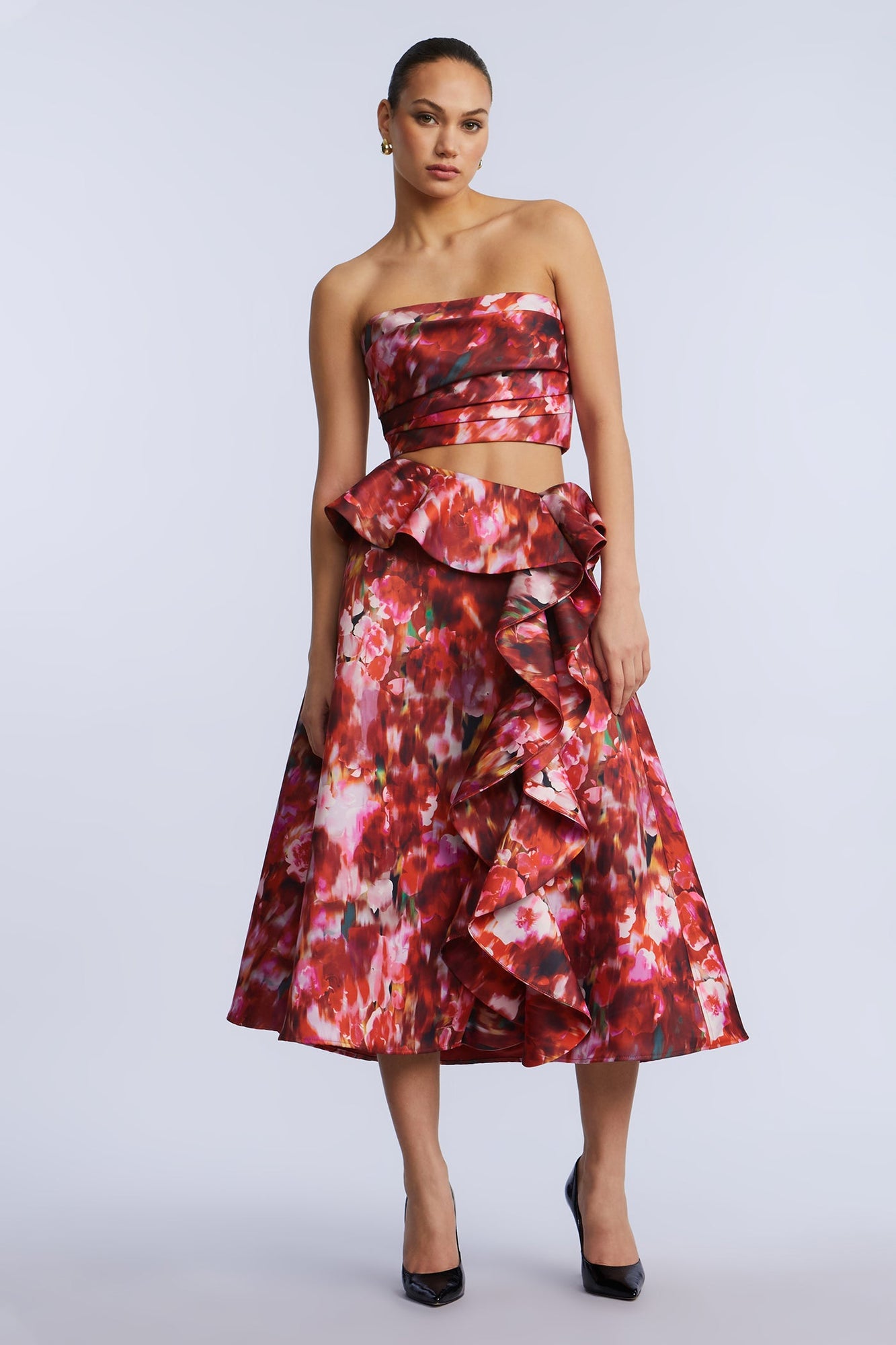 Pleated Satin Bustier | Washed Rose Chili Pepper Print