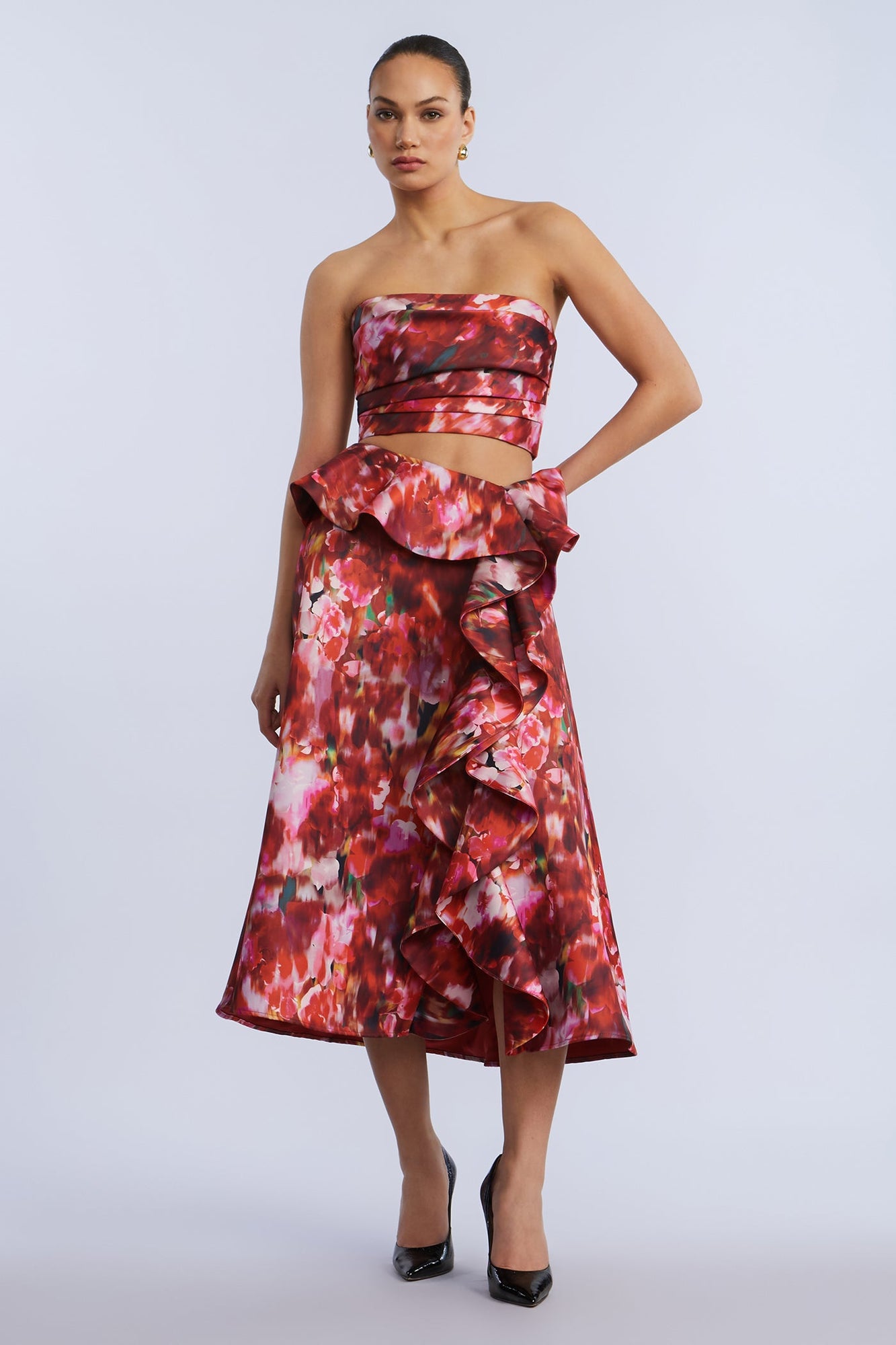 Pleated Satin Bustier | Washed Rose Chili Pepper Print