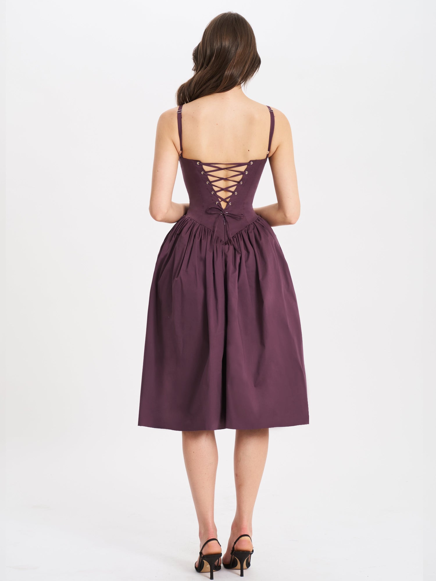 Oakleigh Blackberry Purple Cotton Lace-up Back Midi Dress | Black