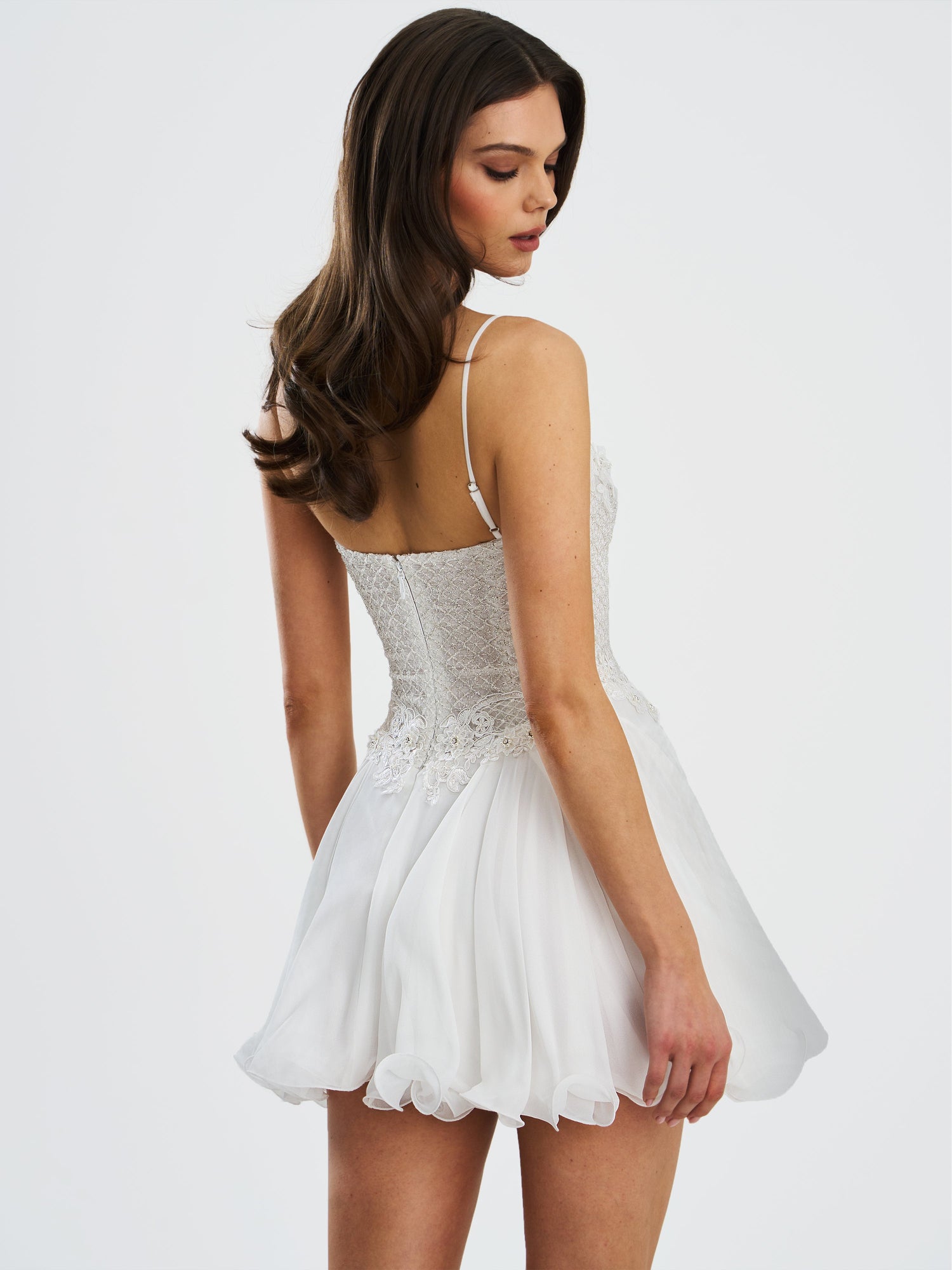 Fabiola Lace Trim Net Top Mini Flare Chiffon Dress | Silver