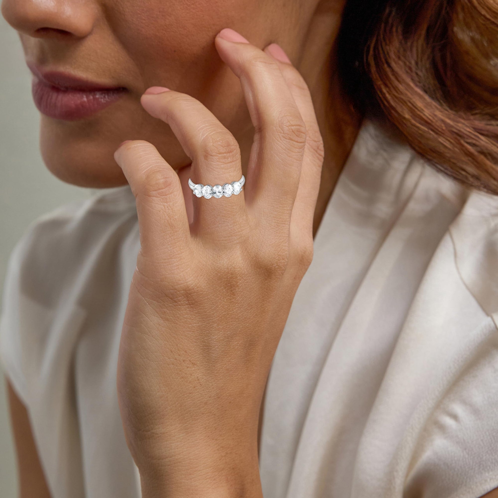 1.00 CT Oval Lab-Grown Diamond | Five Stone Anniversary Wedding Band Ring | 14K White Gold | G Color | VS Clarity