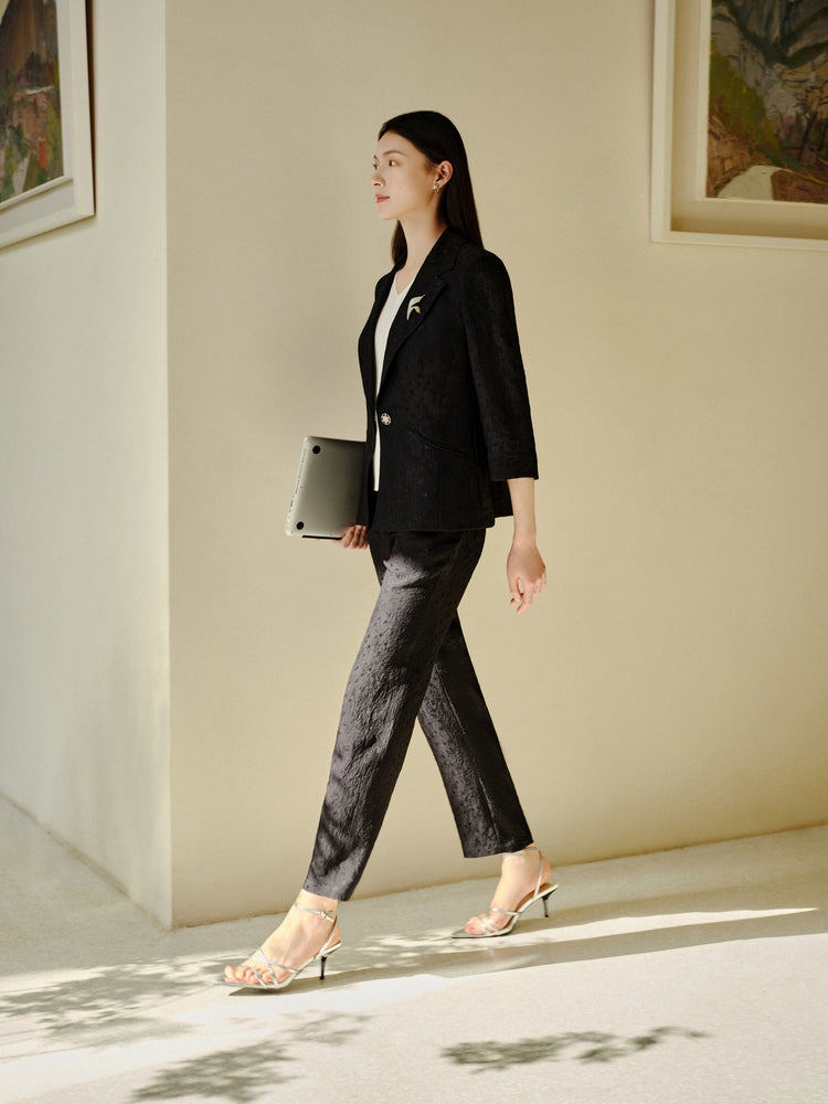 Jacquard Cinched Waist Blazer Jacket | Black