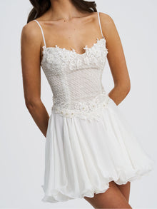 Fabiola Lace Trim Net Top Mini Flare Chiffon Dress | Silver