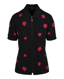 Versace | Zip Up Rose Embroidered Short Sleeve Shirt