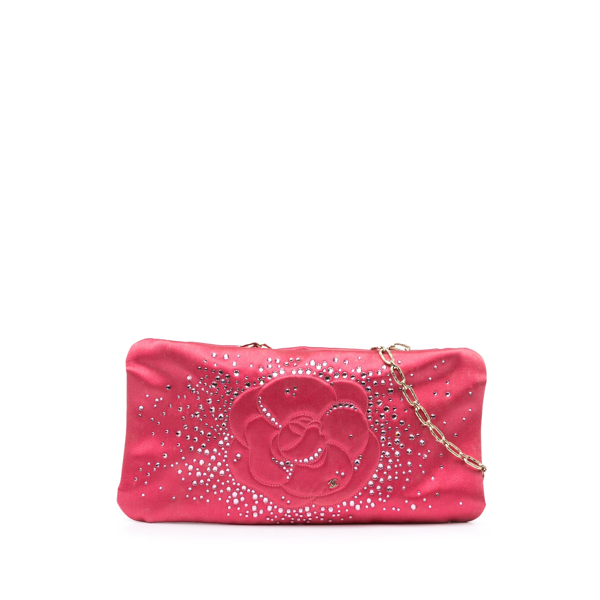 Chanel | Pre-Owned Satin Diamante Camellia Clutch with Chain | Pink/Dark Pink